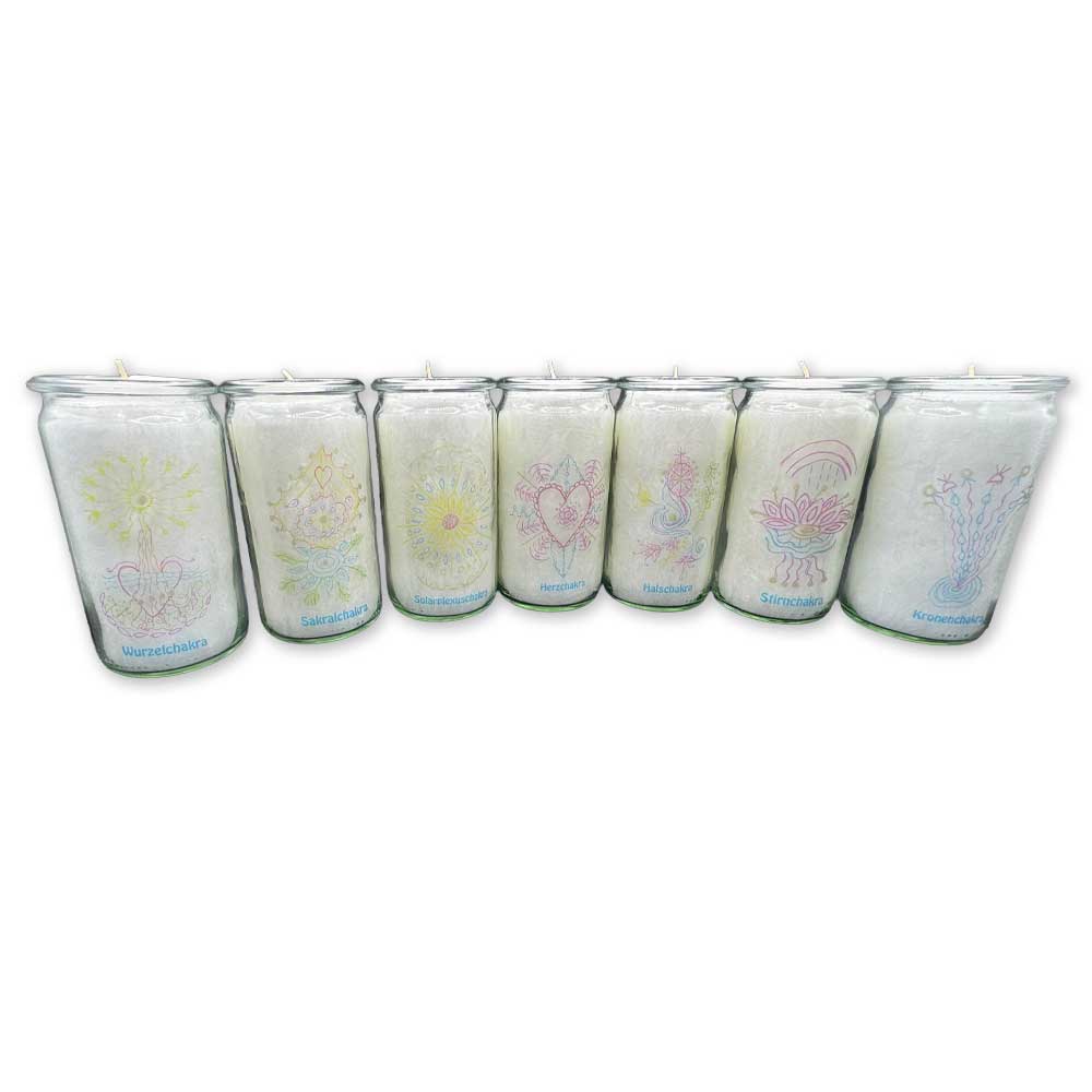 Set: Herzlicht Chakra-Kerzen weiß 300ml - 7 Stück